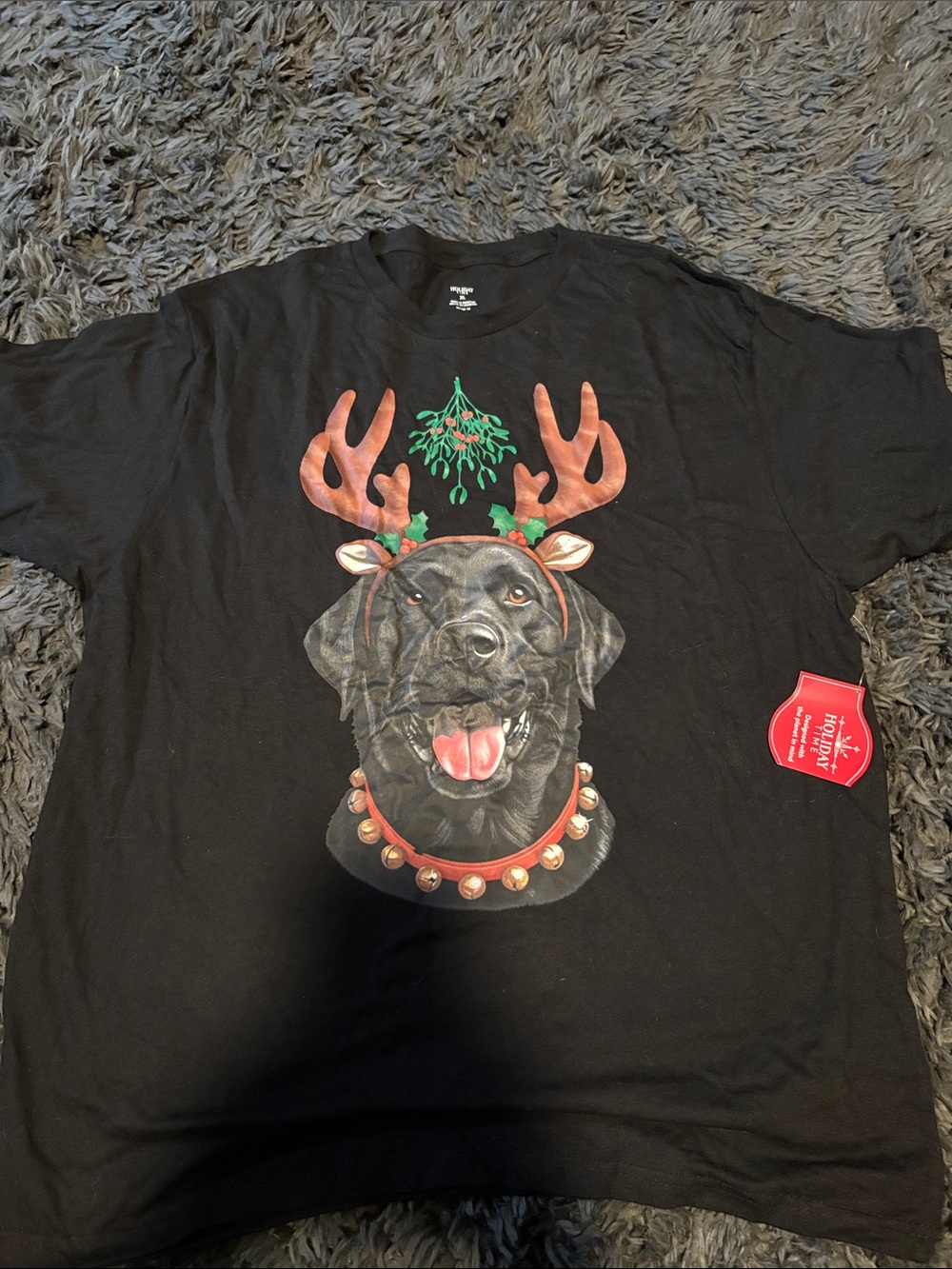 Holiday Time Black Dog Tee with Red Antlers and Green Mistletoe